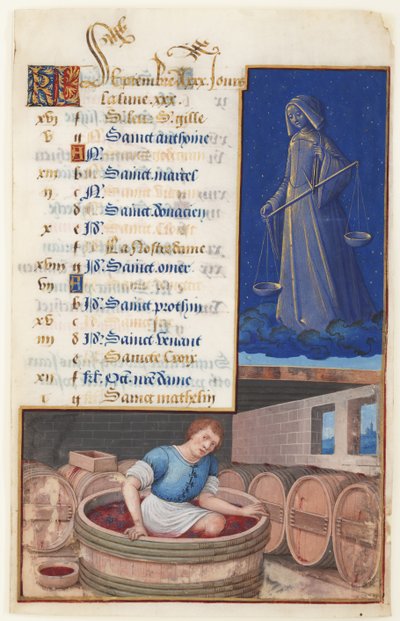 Jungfrau und Traubenstampfen, Kalender für die im September gefeierten Festtage, ca. 1500 von Jean Bourdichon